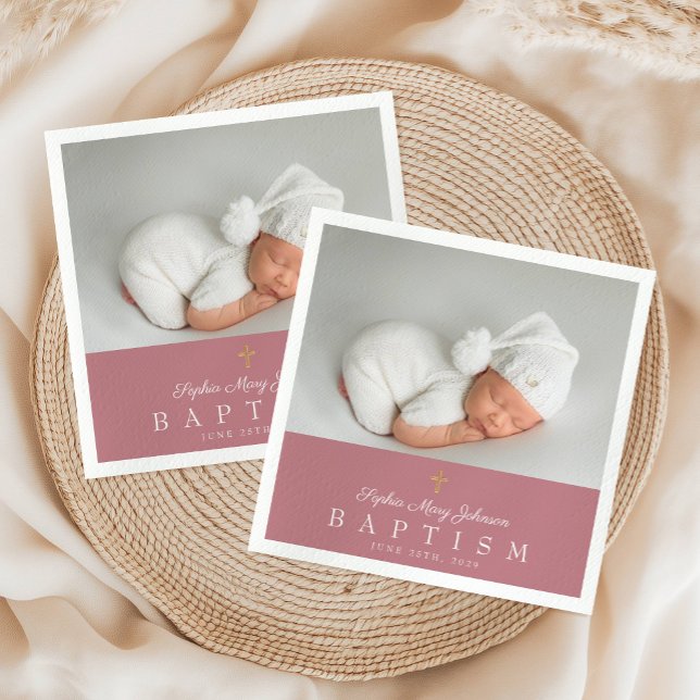 Serviette En Papier Elégant culte Croix rose Photo Girl Baptism (Elegant Religious Cross Pink Photo Girl Baptism Napkins)