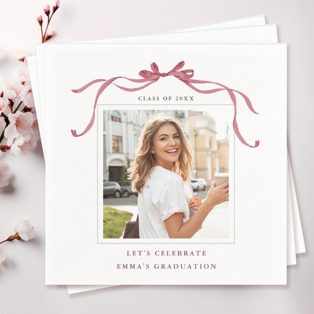 Serviette En Papier Elegant Deep Blush Ribbon Bow Graduation Photo (Créateur téléchargé)