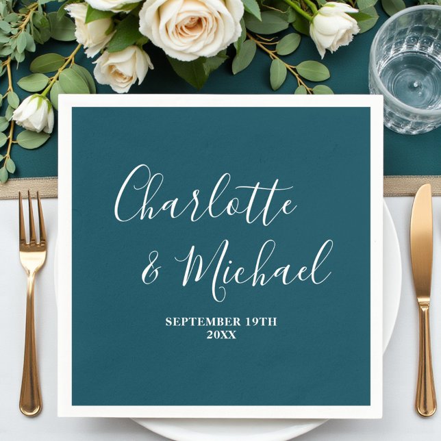 Serviette En Papier Elegant Deep Teal Script Minimalist Wedding (Créateur téléchargé)