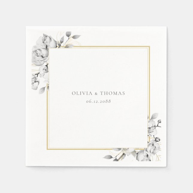 Serviette En Papier Elégant dessin floral cadre or Mariage rustique (Devant)