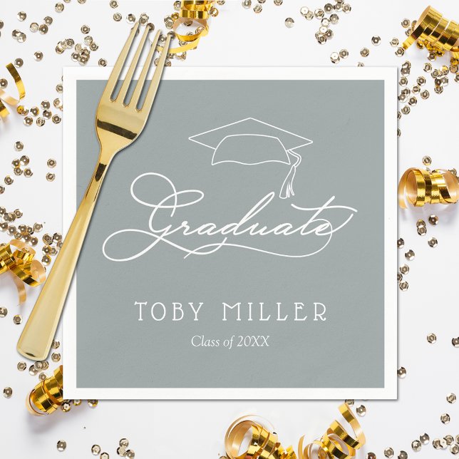 Serviette En Papier Élégant diplômé de script sur Silver Grey Graduate (White script grad cap on silver gray personalized graduation napkins, paper plates in our store)
