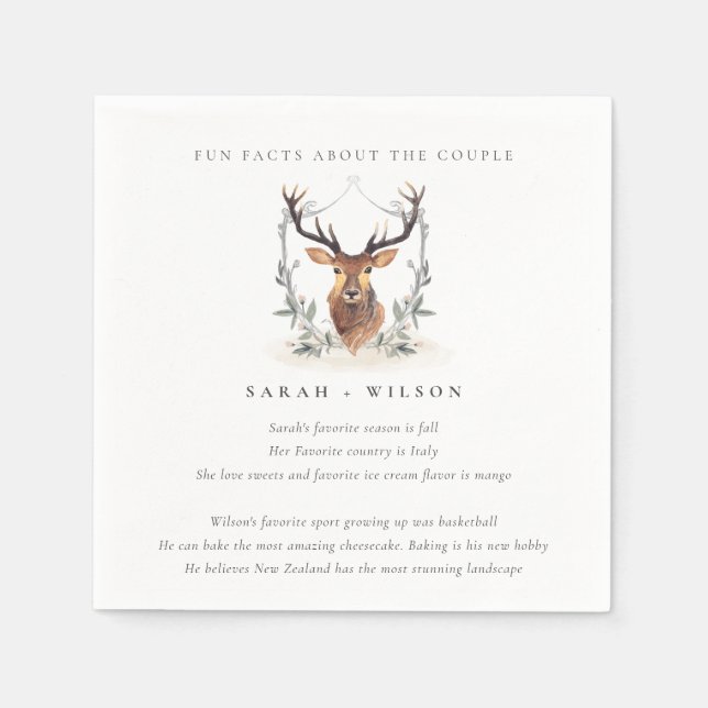 Serviette En Papier Élégant Dusky Deer Floral Crest Fun Faits Mariage (Devant)
