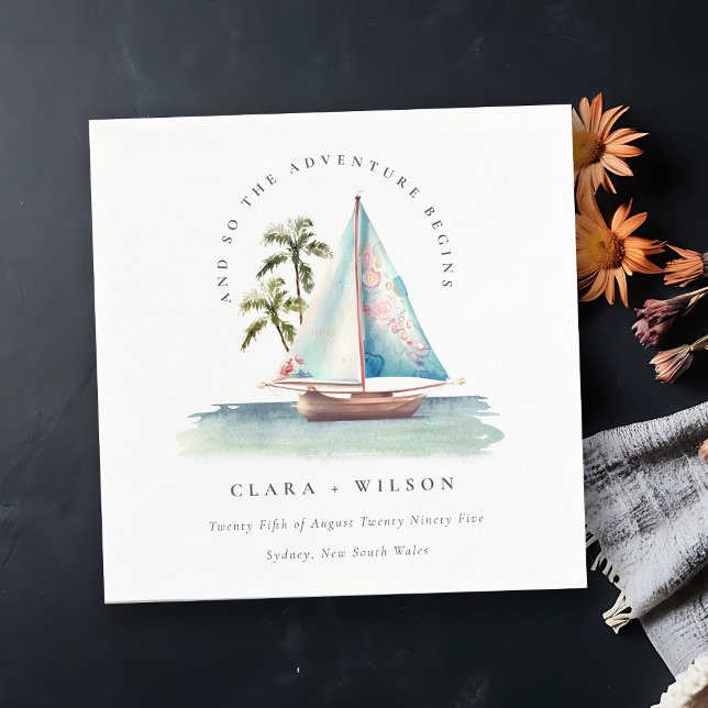 Serviette En Papier Elégant Dusky Turquoise Sailboat Palm Mariage mari (Créateur téléchargé)