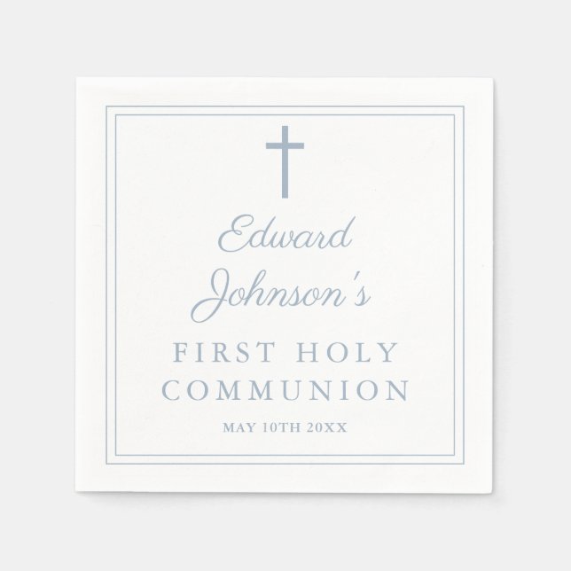 Serviette En Papier Elegant Dusty Blue Border First Holy Communion (Devant)