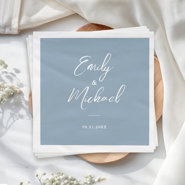 Serviette En Papier Elegant Dusty Blue Calligraphy Names Wedding (Elegant calligraphy script on a soft dusty blue background - the perfect touch for your special day)