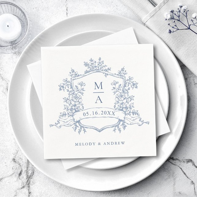 Serviette En Papier Elegant Dusty Blue Floral Crest Monograms Wedding (Créateur téléchargé)