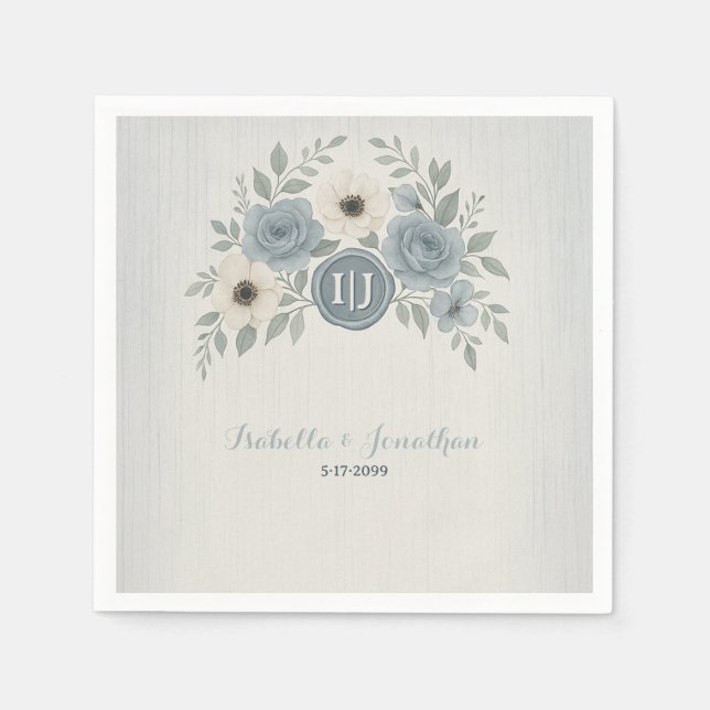 Serviette En Papier Elegant Dusty Blue Floral Wax Seal Wedding (Devant)