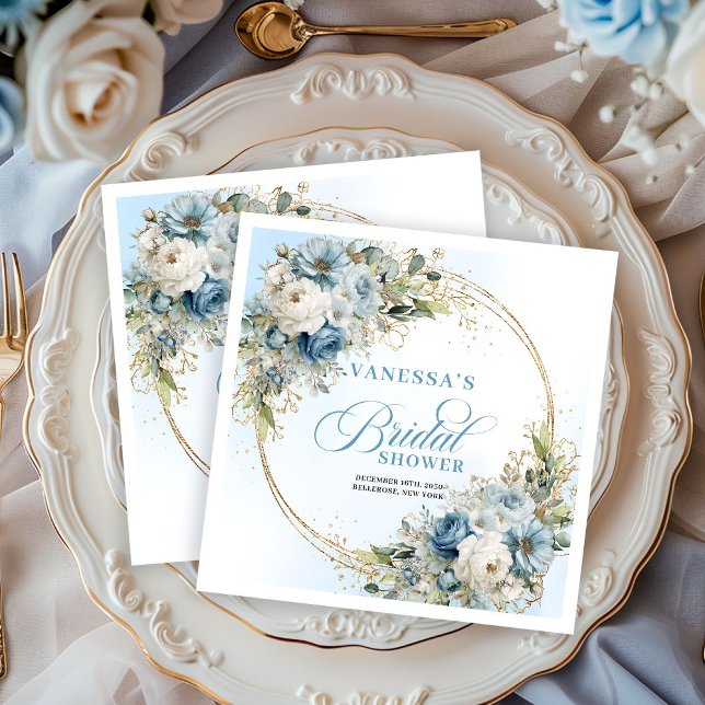 Serviette En Papier Elegant dusty blue florals eucalyptus gold party  (Elegant dusty blue florals eucalyptus gold party napkins

)