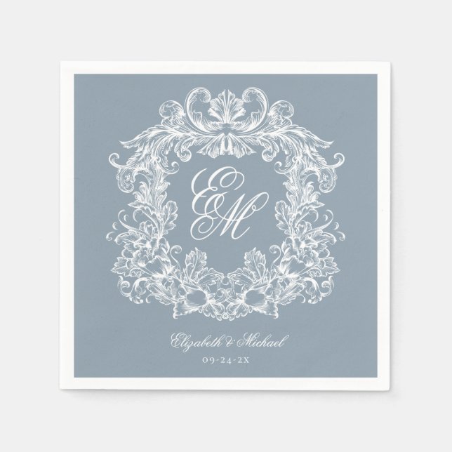 Serviette En Papier Elegant Dusty Blue Monogram Crest Script Wedding (Devant)
