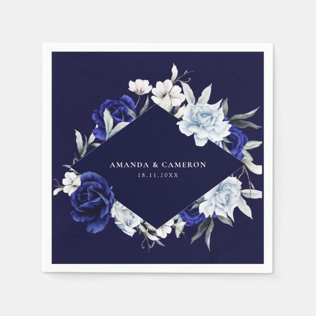 Serviette En Papier Elegant Dusty Blue Navy Floral Wedding (Devant)