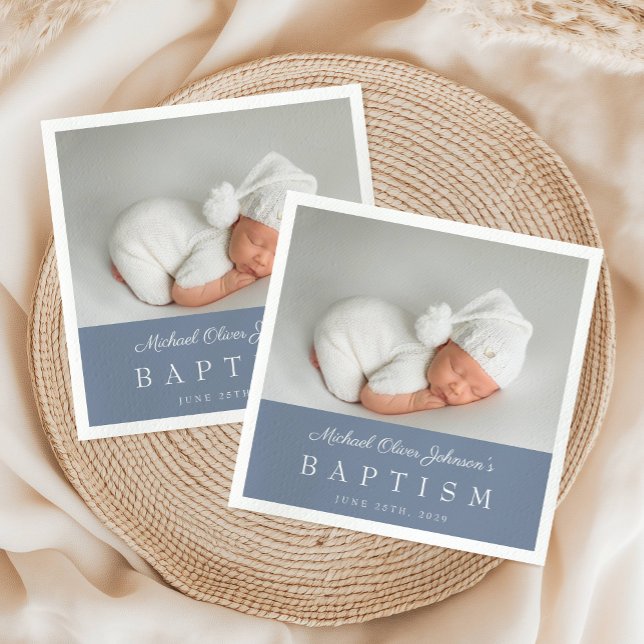 Serviette En Papier Élégant Dusty Blue Script Photo Boy Baptême (Elegant Dusty Blue Script Photo Boy Baptism Napkins)