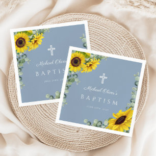 Serviette En Papier Élégant Dusty Blue Sunflower Baptême religieux