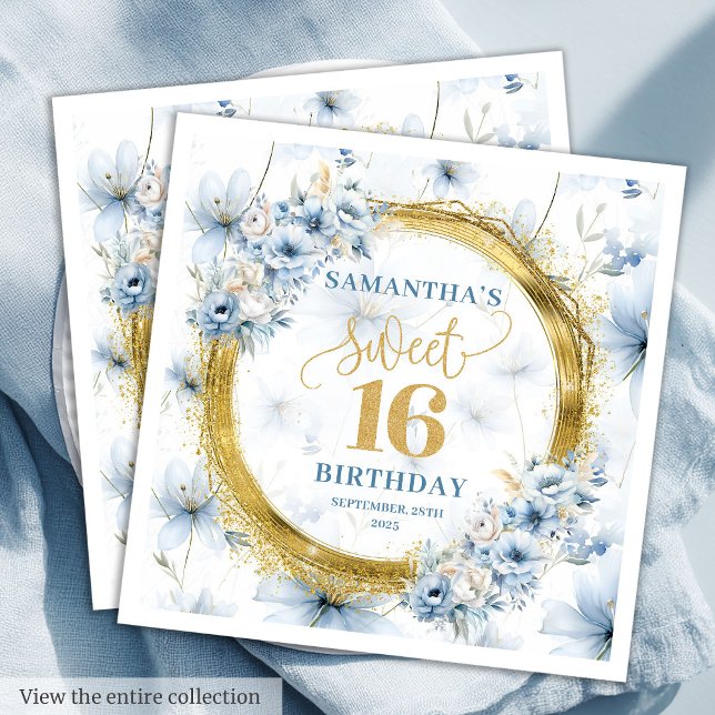 Serviette En Papier Élégant Dusty Blue Sweet 16 Gold Parties scintilla (Stylish Dusty Blue Sweet 16 Gold Glitter Napkin Decor)