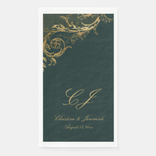 Serviette En Papier Élégant Emerald Green Gold Floral Mariage damassé