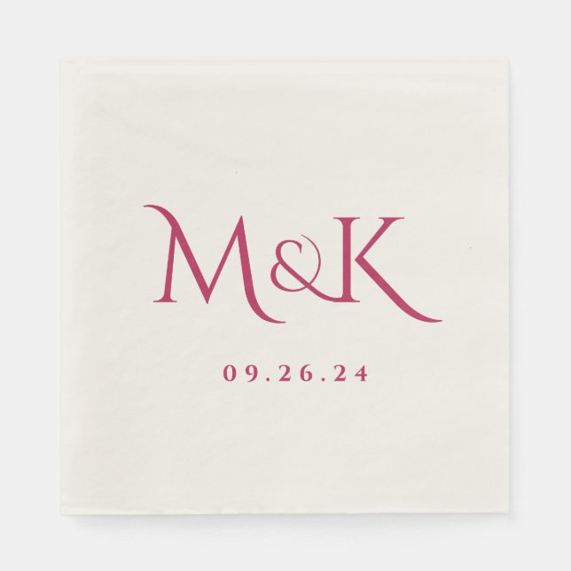 Serviette En Papier Élégant et simple Mariage Magenta Monogramme (Devant)