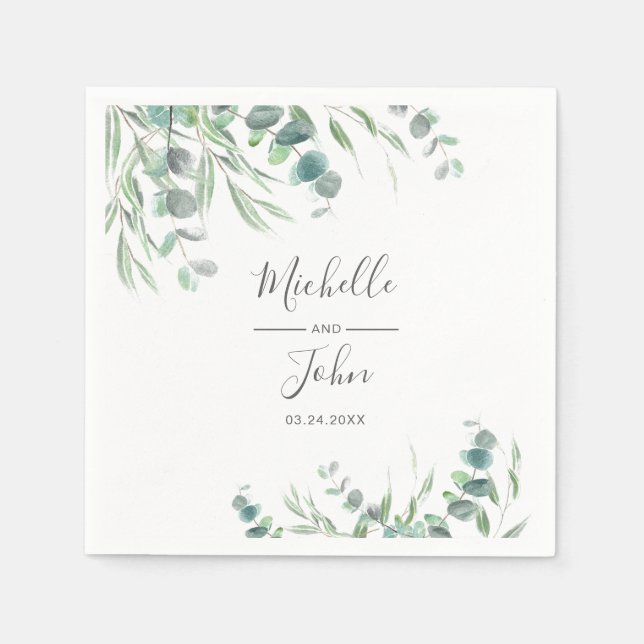 Serviette En Papier Elégant Eucalyptus Aquarelle Nom Mariage de script (Devant)
