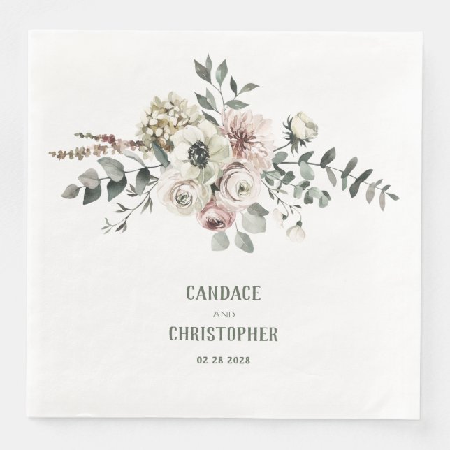 Serviette En Papier Elégant Eucalyptus Blush Rose Blanc Hydrangée (Devant)