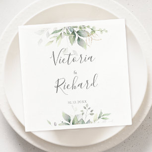 Serviette En Papier Elégant Eucalyptus Feuille Mariage or vert