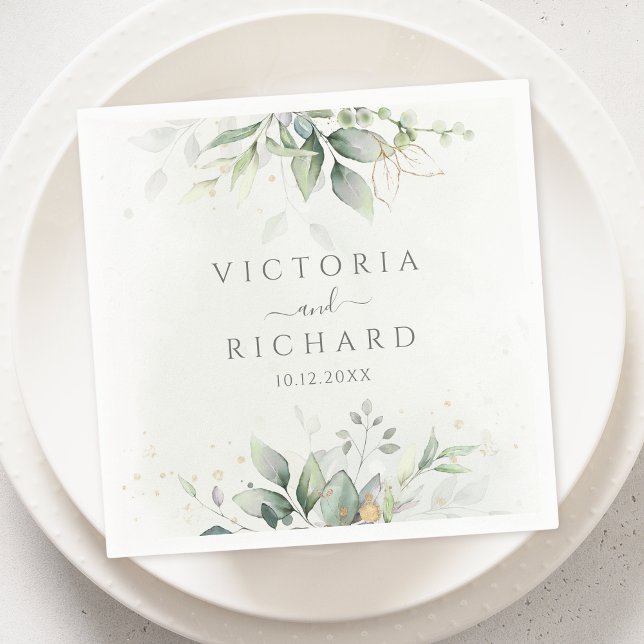 Serviette En Papier Elégant Eucalyptus Feuille Mariage or vert (Créateur téléchargé)