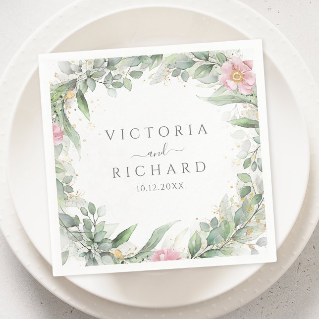 Serviette En Papier Elégant Eucalyptus Feuille Mariage or vert (Créateur téléchargé)