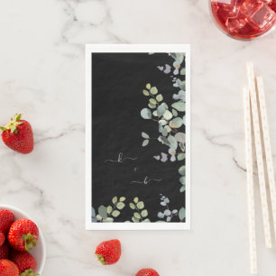 Serviette En Papier Élégant Eucalyptus Initiales Noir