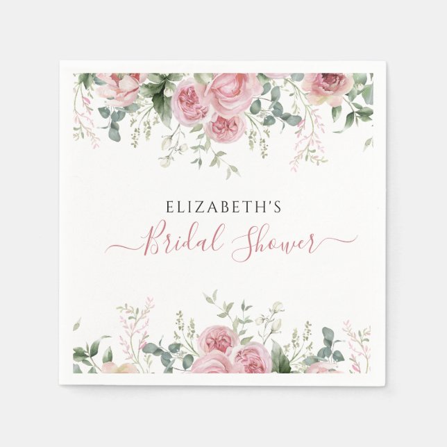 Serviette En Papier Elégant Eucalyptus & Roses Rose Invitation (Devant)