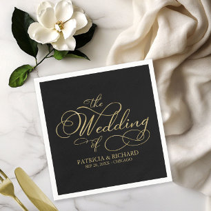 Serviette En Papier Élégant Faux Foil Black Gold Calligraphy Mariage
