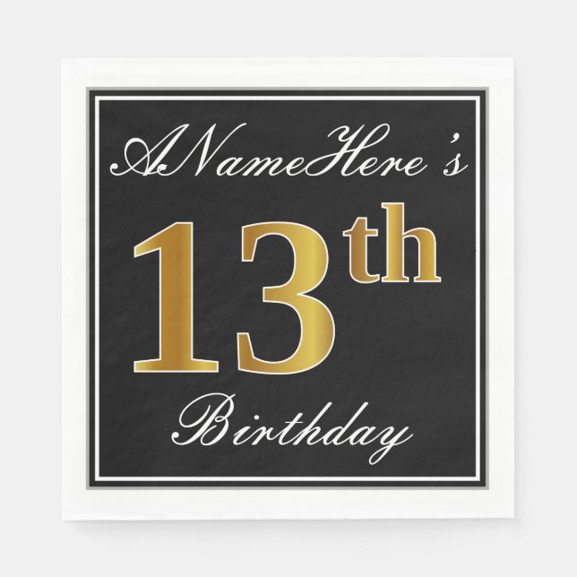 Serviette En Papier Elégant, Faux Gold 13ème anniversaire + Nom person (Devant)