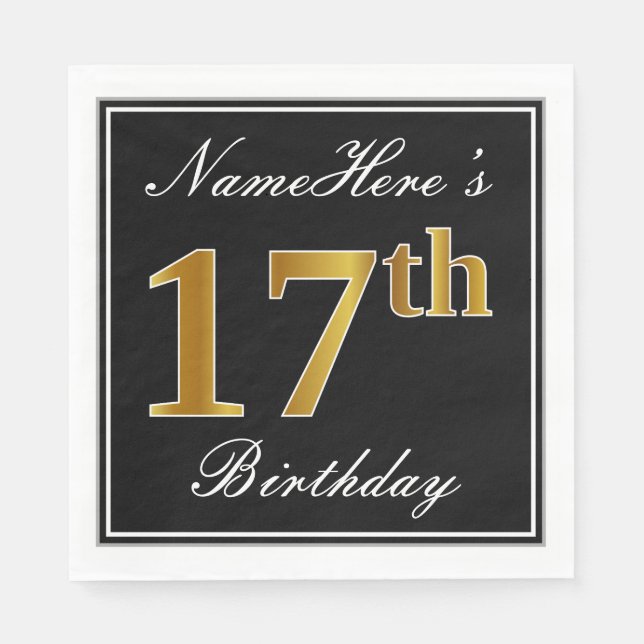 Serviette En Papier Elégant, Faux Gold 17e anniversaire + Nom personna (Devant)