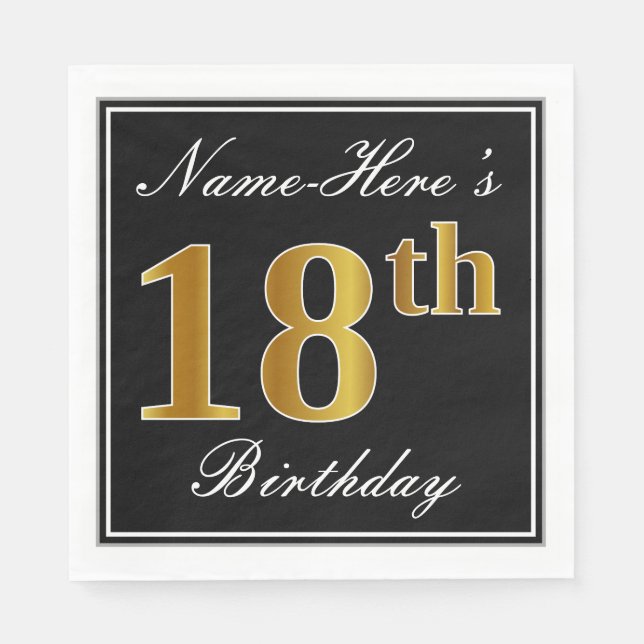 Serviette En Papier Elégant, Faux Gold 18e anniversaire + Nom personna (Devant)
