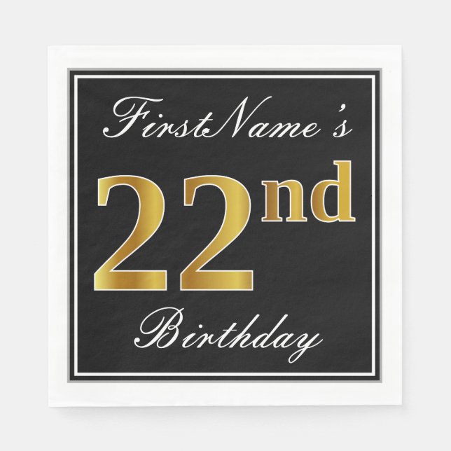 Serviette En Papier Elégant, Faux Gold 22e anniversaire + Nom personna (Devant)