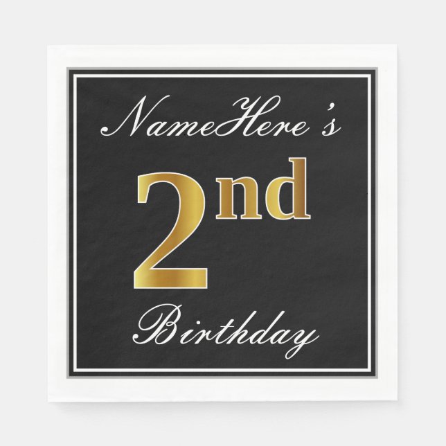 Serviette En Papier Elégant, Faux Gold 2e anniversaire + Nom personnal (Devant)