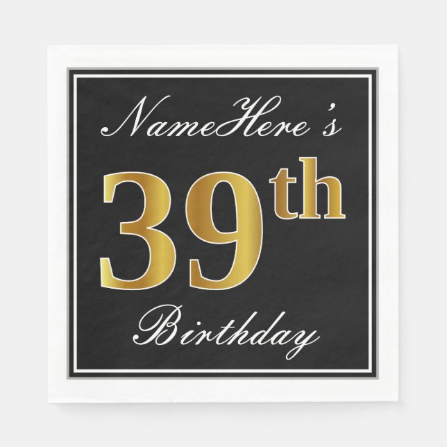 Serviette En Papier Elégant, Faux Gold 39e anniversaire + Nom personna (Devant)