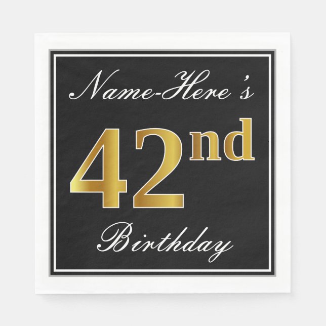 Serviette En Papier Elégant, Faux Gold 42e anniversaire + Nom personna (Devant)