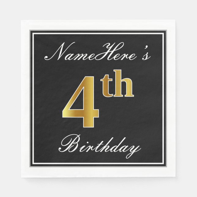 Serviette En Papier Elégant, Faux Gold 4ème anniversaire + Nom personn (Devant)