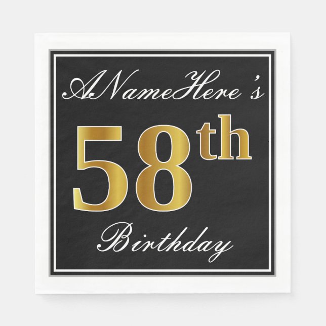 Serviette En Papier Elégant, Faux Gold 58e anniversaire + Nom personna (Devant)