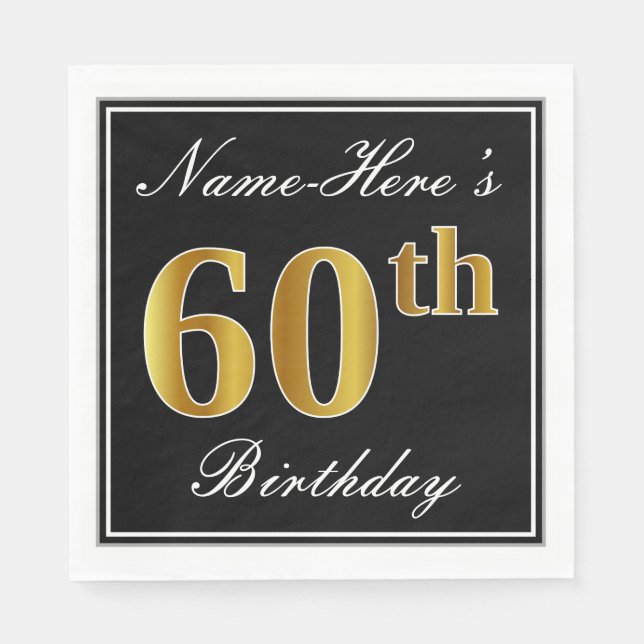 Serviette En Papier Elégant, Faux Gold 60e anniversaire + Nom personna (Devant)