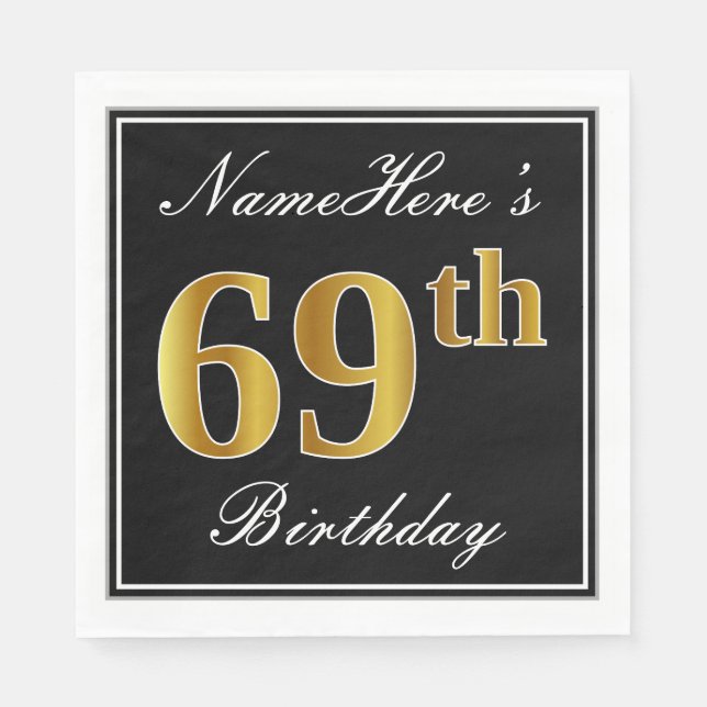Serviette En Papier Elégant, Faux Gold 69e anniversaire + Nom personna (Devant)
