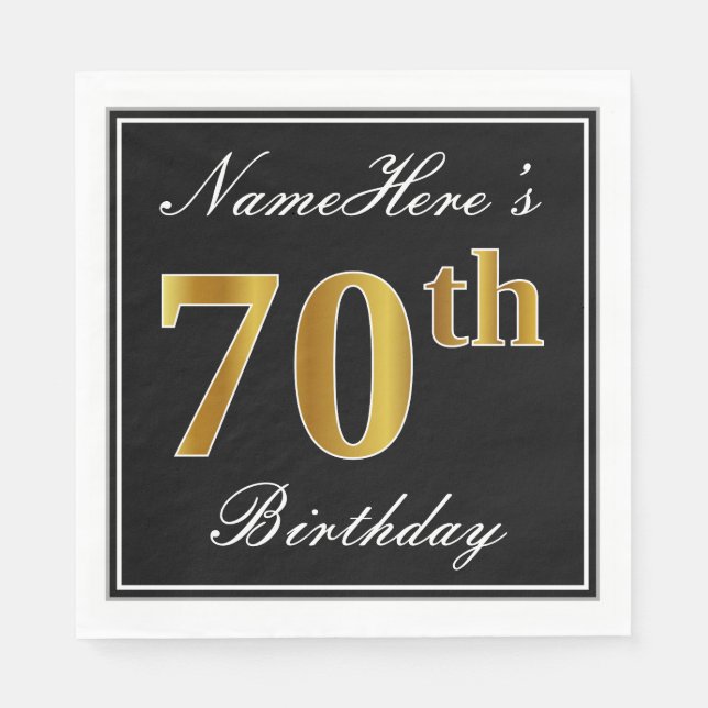 Serviette En Papier Elégant, Faux Gold 70e anniversaire + Nom personna (Devant)