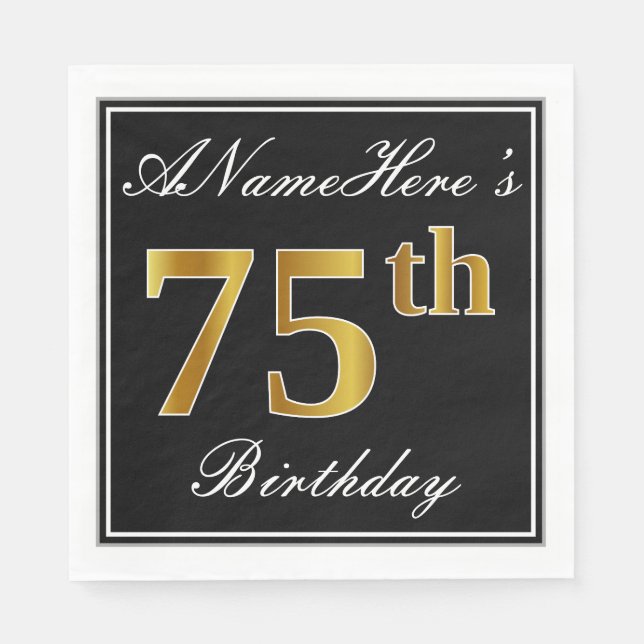 Serviette En Papier Elégant, Faux Gold 75e anniversaire + Nom personna (Devant)