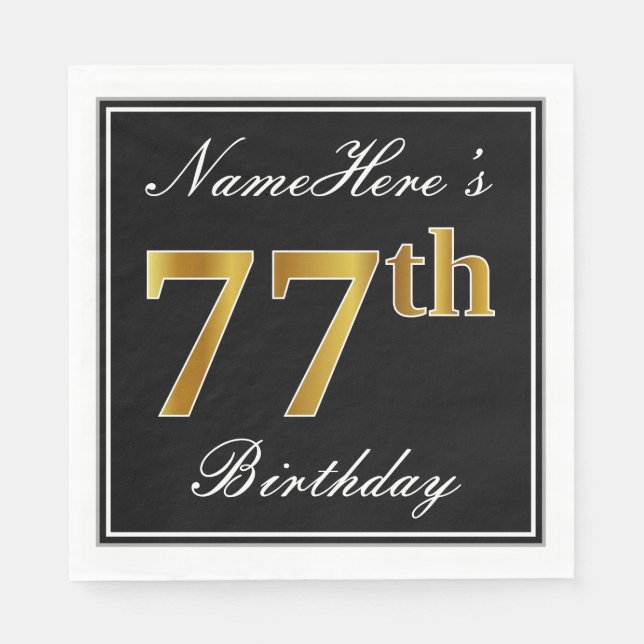 Serviette En Papier Elégant, Faux Gold 77e anniversaire + Nom personna (Devant)