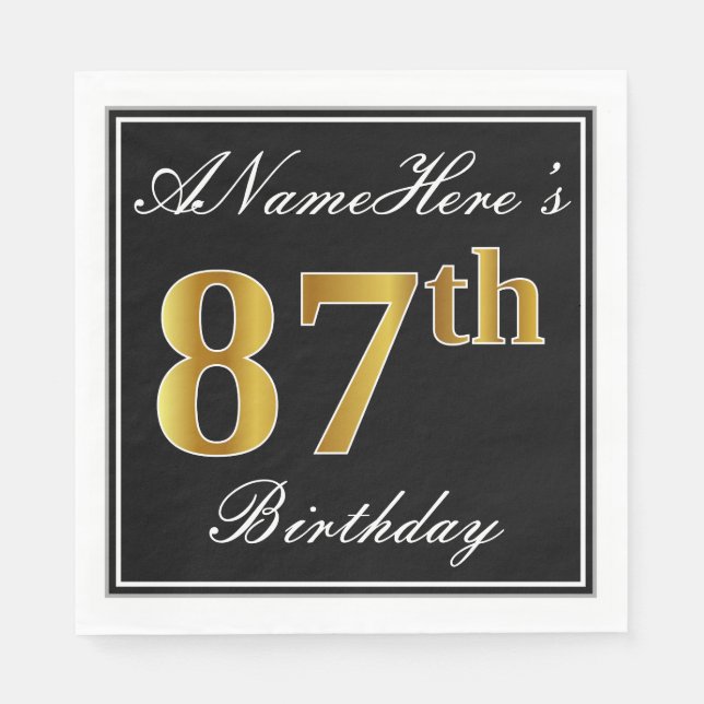 Serviette En Papier Elégant, Faux Gold 87e anniversaire + Nom personna (Devant)