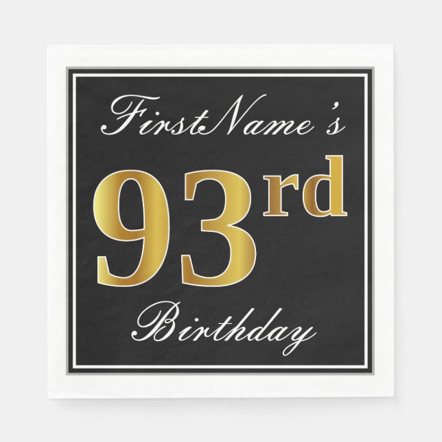 Serviette En Papier Elégant, Faux Gold 93ème anniversaire + Nom person (Devant)