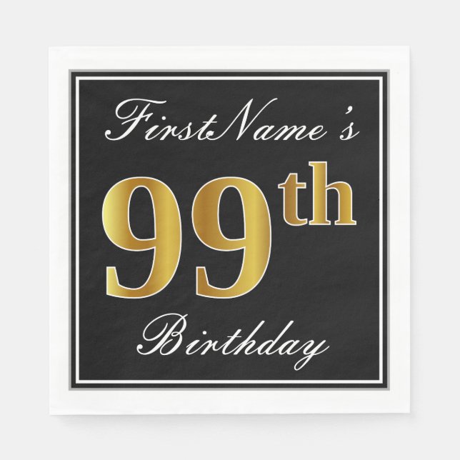 Serviette En Papier Elégant, Faux Gold 99e anniversaire + Nom personna (Devant)