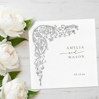 Serviette En Papier Elegant Filigree Black and White Paper Wedding