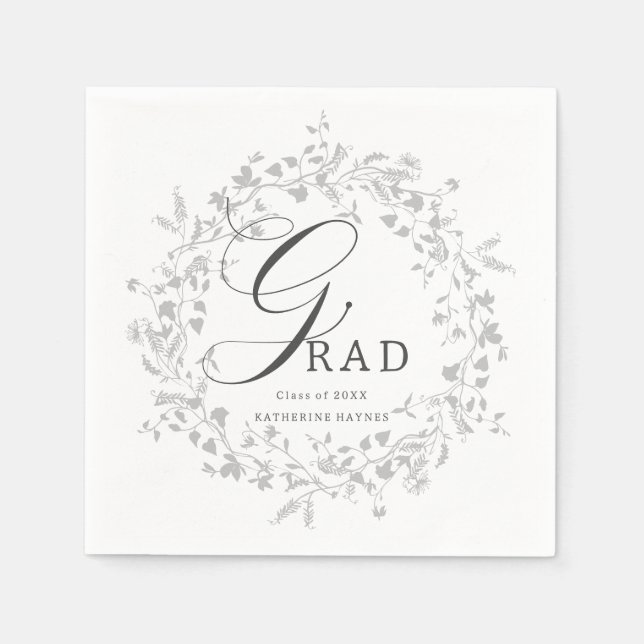 Serviette En Papier Élégant Fleur sauvage Argent Wreath Graduation (Devant)