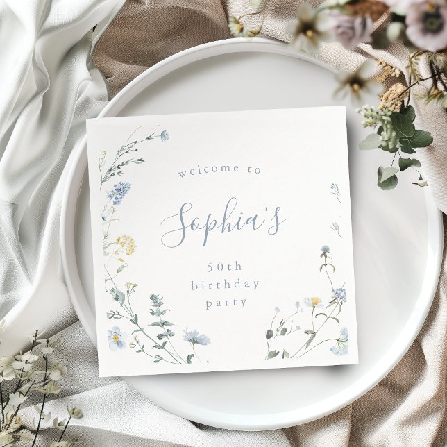 Serviette En Papier Elégant Fleur sauvage Bleu Rustic Boho Anniversair (Elegant Blue Wildflower Rustic Boho Birthday Napkins)