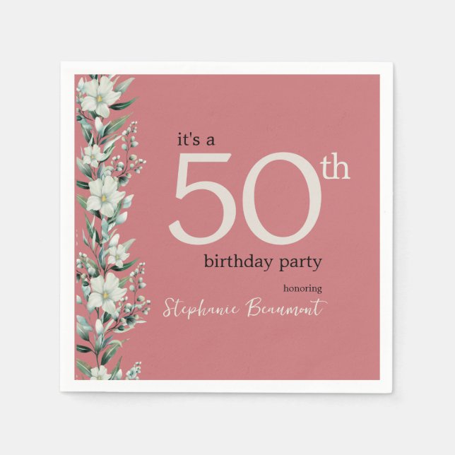 Serviette En Papier Élégant Fleur sauvage rose surprise 50e anniversai (Devant)