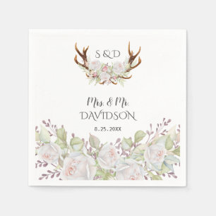 Serviette En Papier Elégant Fleurs blanches Antlers Monogram Mariage