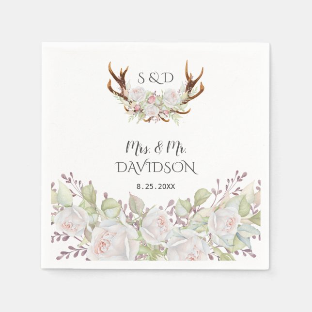 Serviette En Papier Elégant Fleurs blanches Antlers Monogram Mariage (Devant)